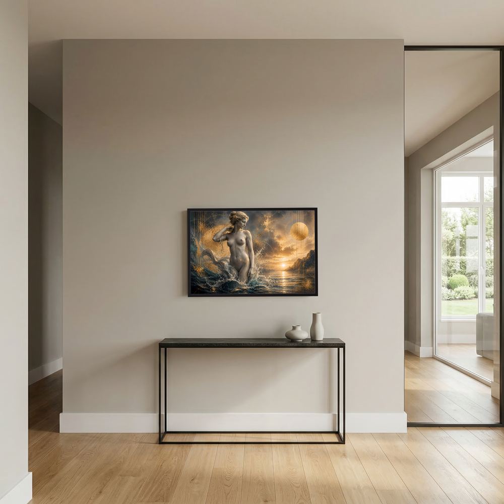 Kleines Wandposter mit Frauenfigur zwischen Wellen und goldener Sonne, runde Mondscheibe