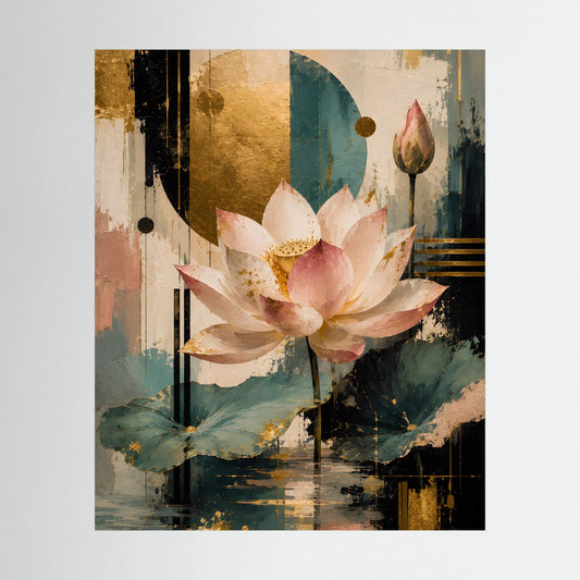 Hochformatiges Poster mit Lotusblüten in Rosa und Gold, abstraktem türkisfarbenem Motiv