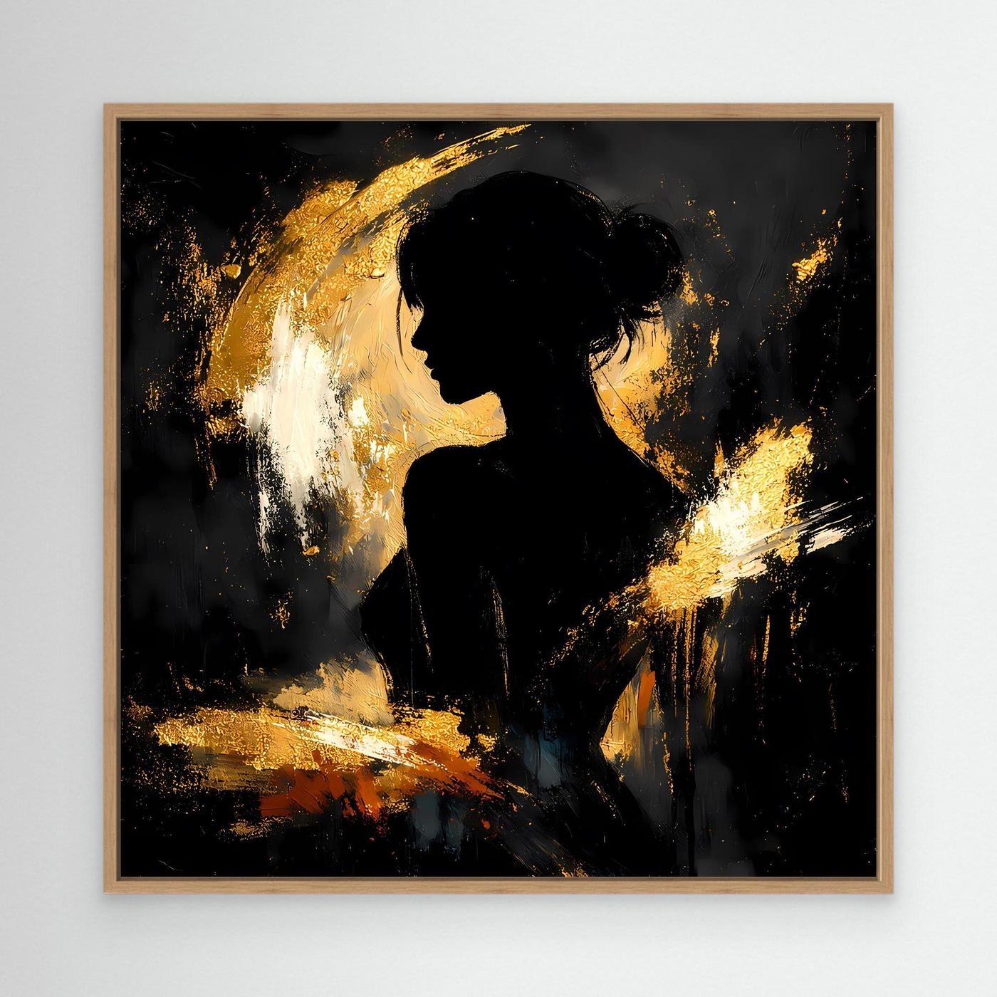Leinwand Elegante Silhouette in Gold und Schwarz | Modernes Abstraktes Frauen Portrait Wandbild