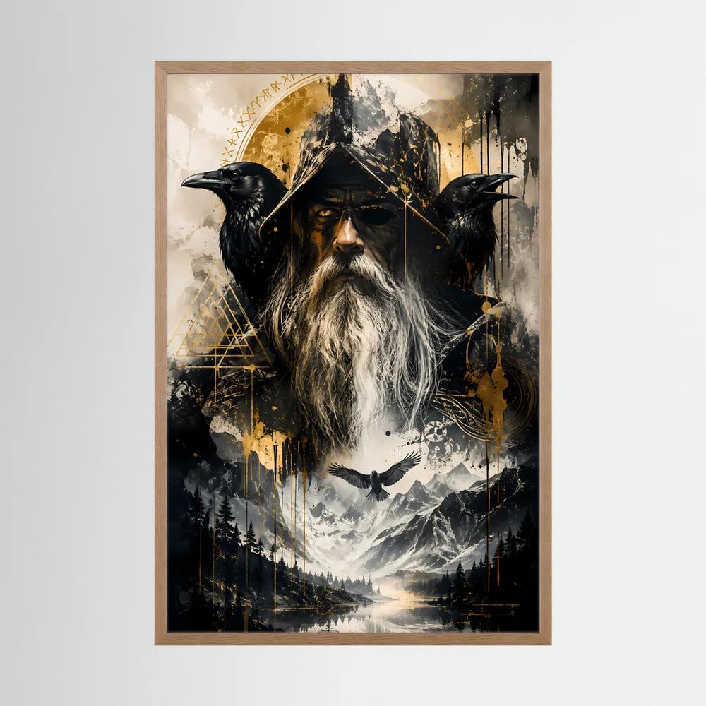Fantasy-Poster im Holzrahmen (helles Eichenholz) mit Runenmagier und drei schwarzen Raben.