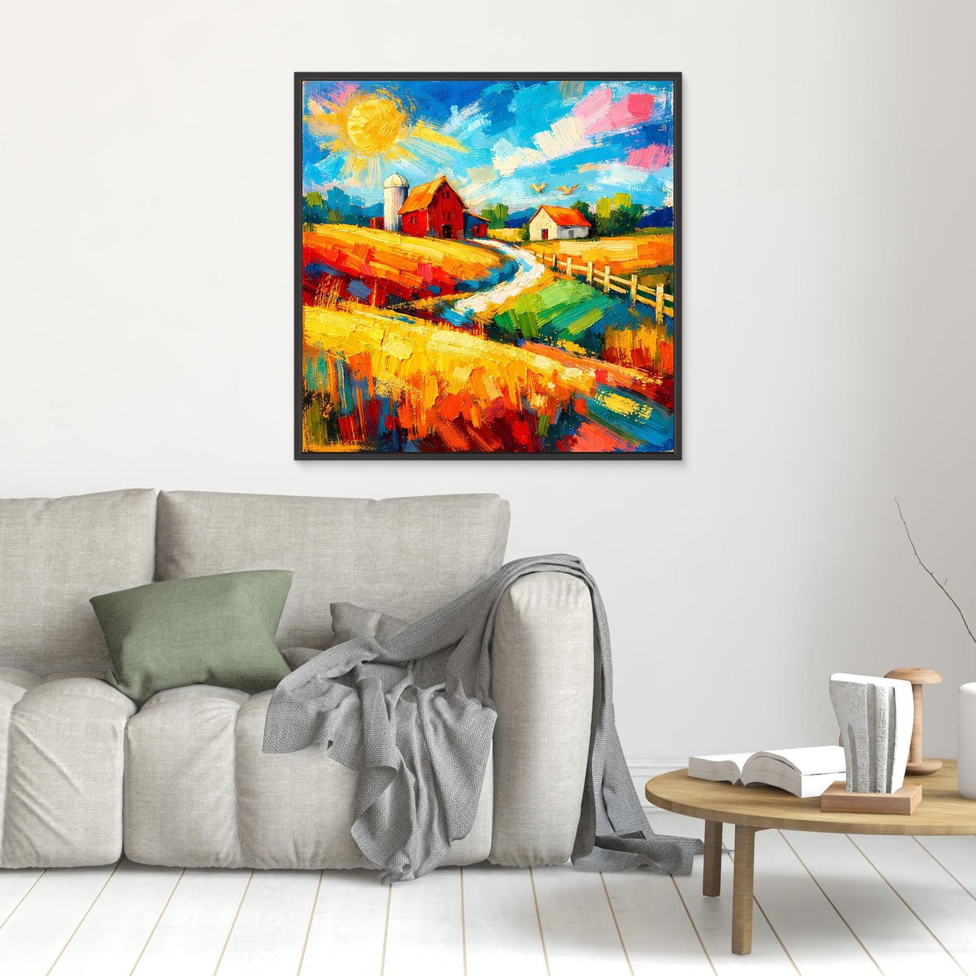 Leinwandbild mit roter Scheune und Feldweg, bunt gemalt, dunkel gerahmt