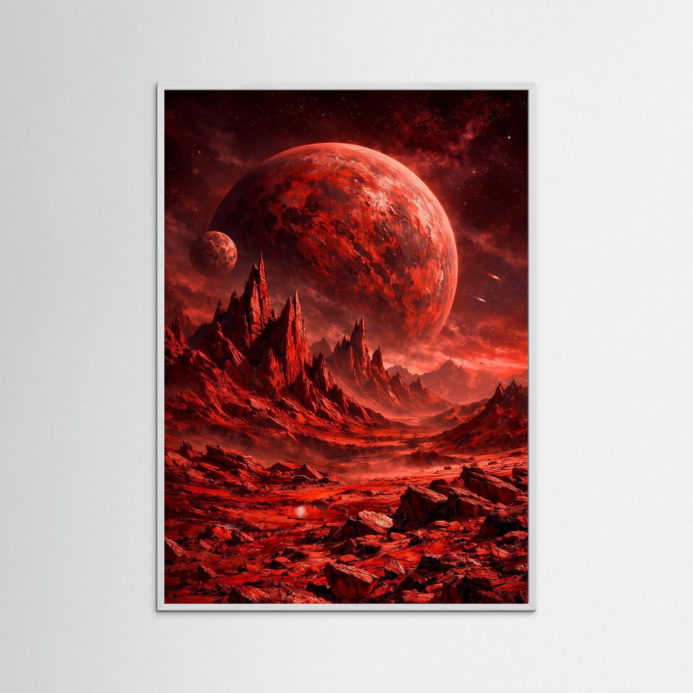 Sci‑Fi-Kunstposter mit weißem Rahmen: roter Planet, Felszacken und rote Weltraumlandschaft