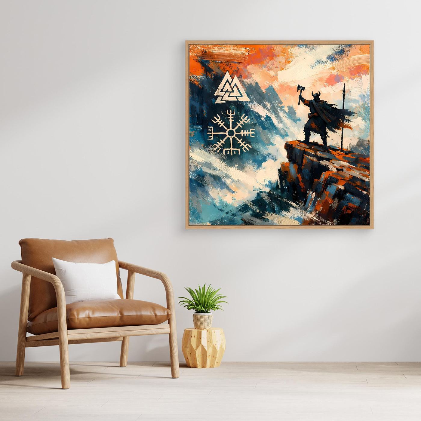 Gerahmtes Leinwand-Wandbild mit Wikingermotiv und Vegvisir, Eichenrahmen