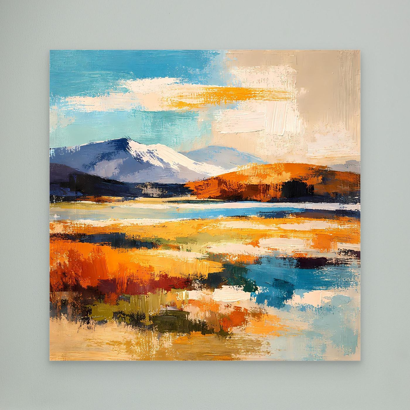 Leinwand-Wandbild mit abstrakten Bergen und Landschaft, blau-orangene Pinselstriche, ohne Rahmen