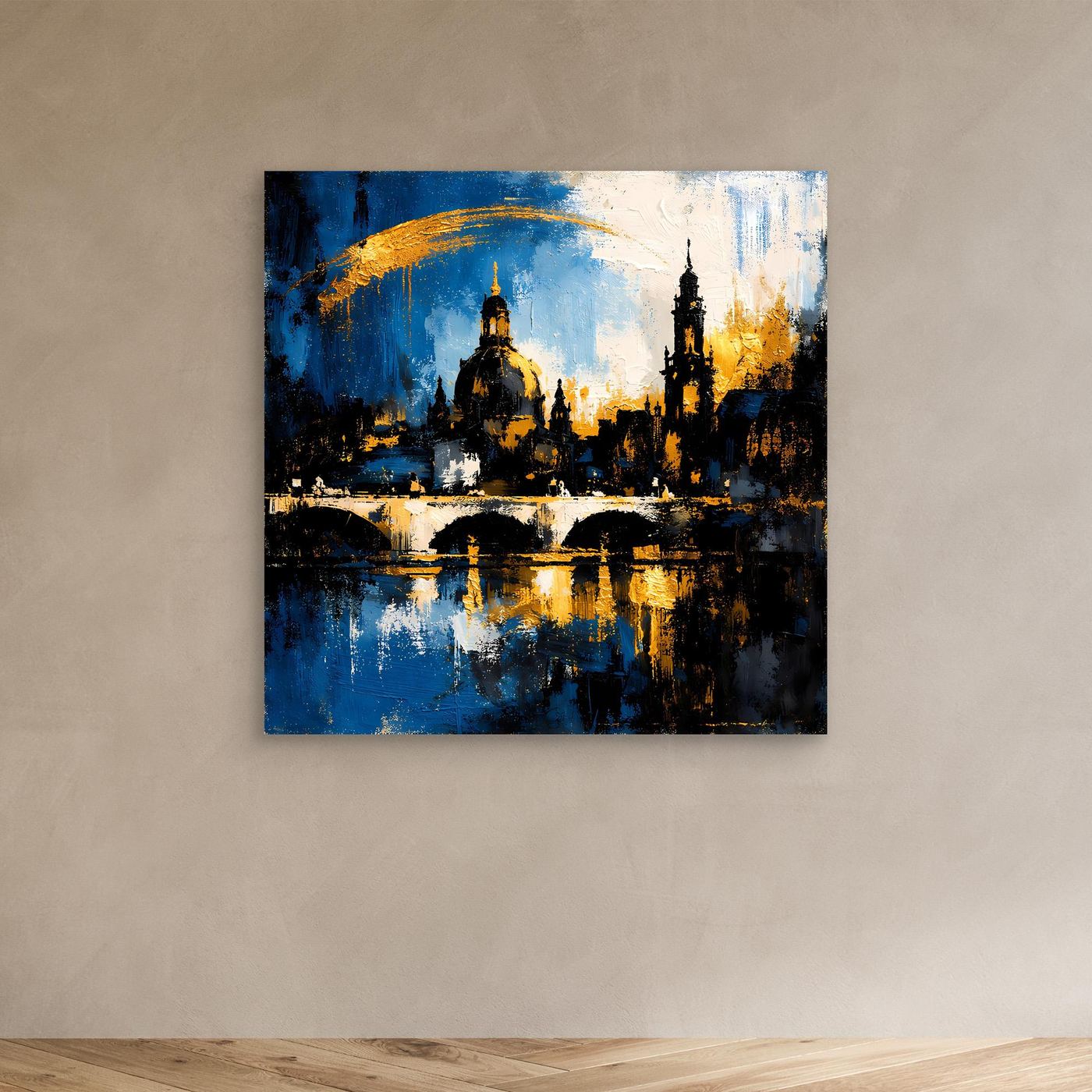 Leinwand-Wandbild mit abstrakter Skyline in Blau, Gold und Schwarz, Elbansicht ohne Rahmen