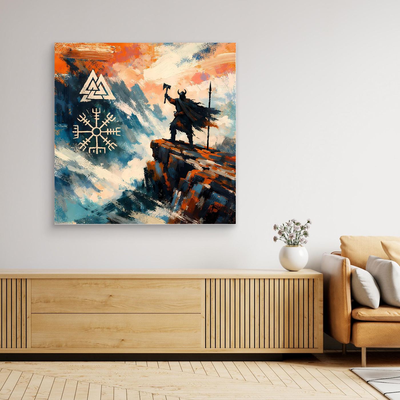 Leinwand-Wandbild mit Wikingermotiv und Vegvisir, gerahmt in hellem Holz
