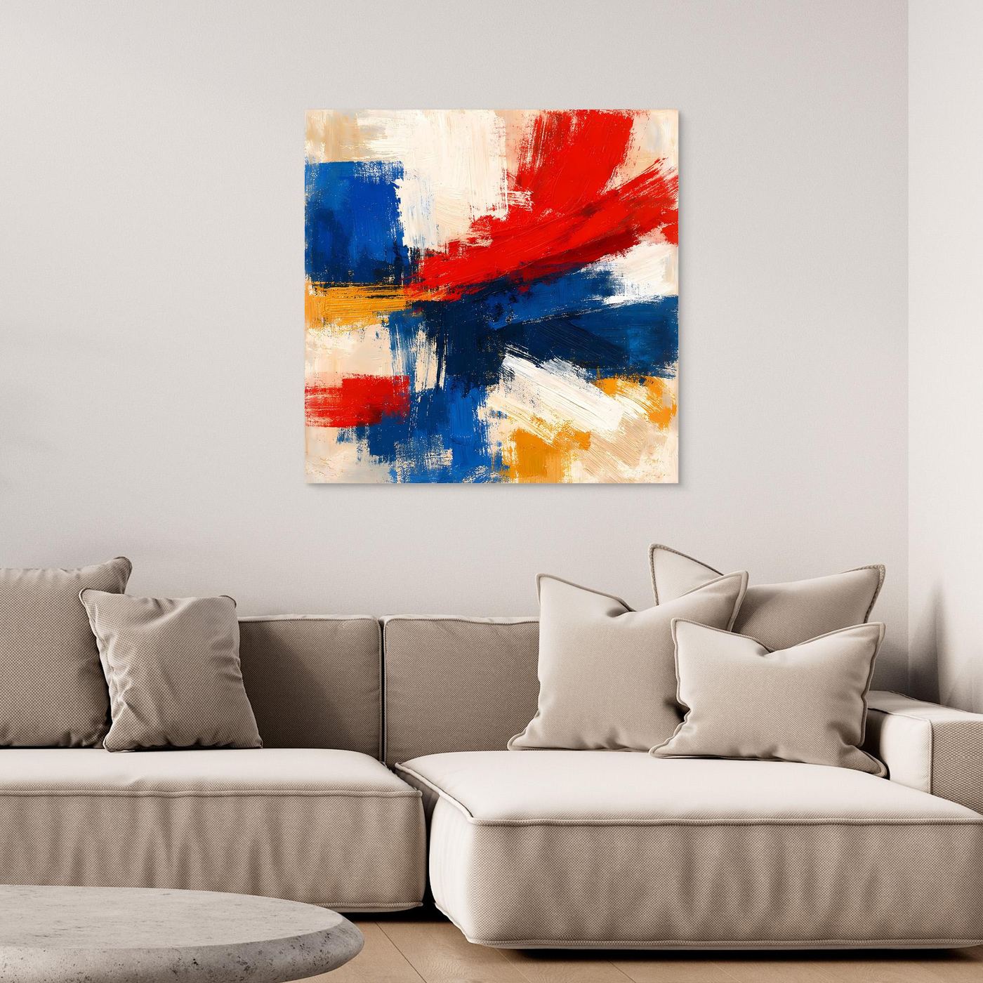 Abstract wall art canvas with blue, red, white, and yellow brush strokes; no visible frame