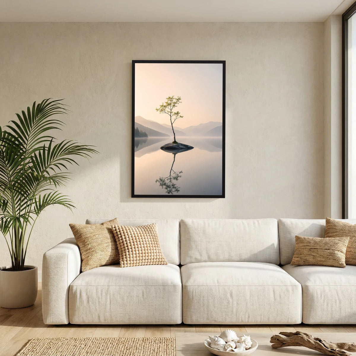 Einsamer Baum im Bergsee | Minimalistische Landschaft mit Spiegelung | Poster Hochformat