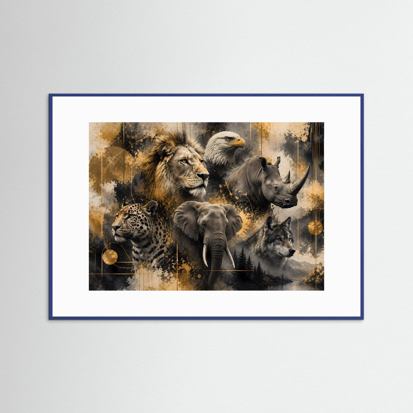 Tierposter im Querformat mit Löwe, Elefant, Wolf, Adler, Nashorn im Gold-Schwarz-Stil, blauer Rahmen