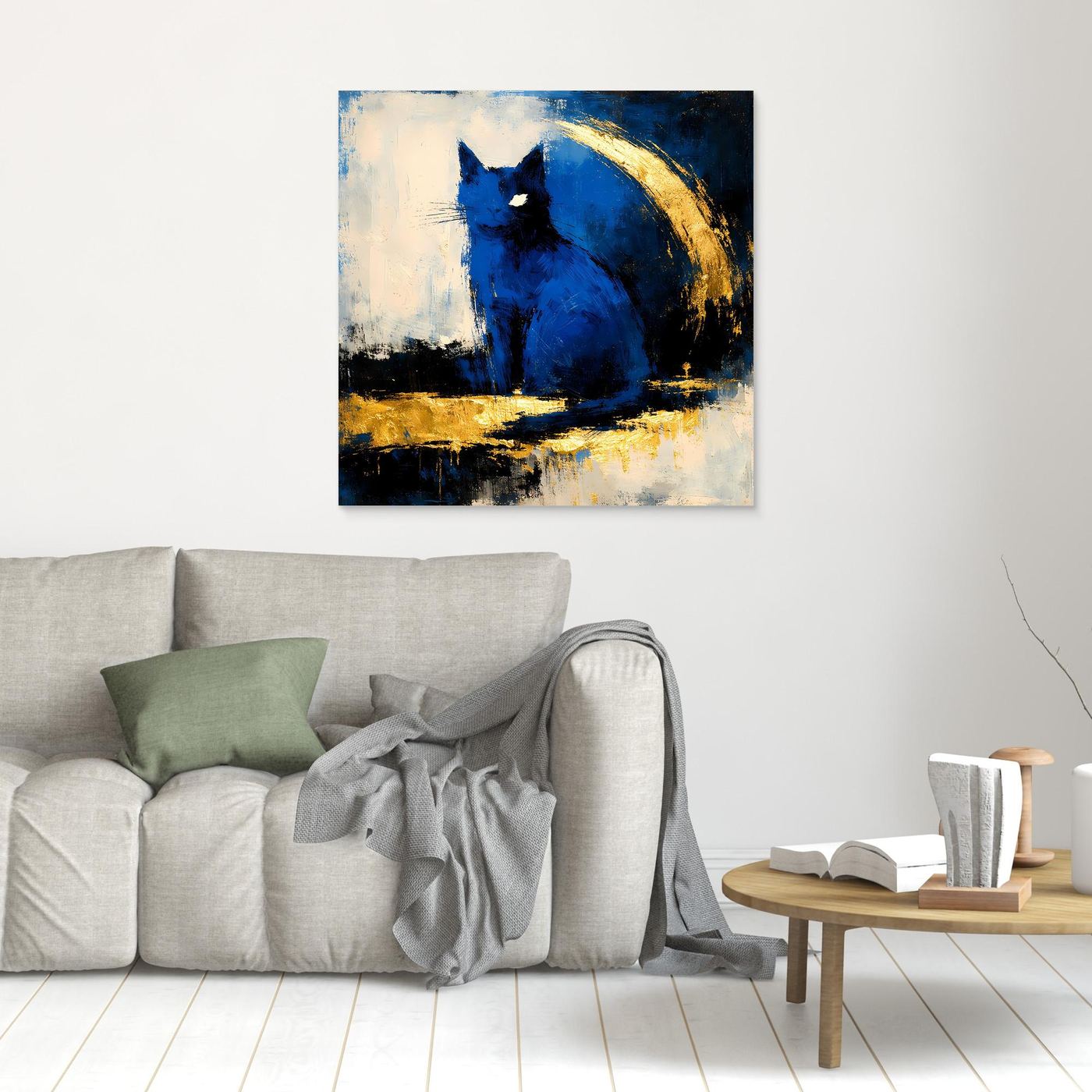 Leinwand-Wandbild mit blauem Tiermotiv und Goldbogen, schmaler Rand
