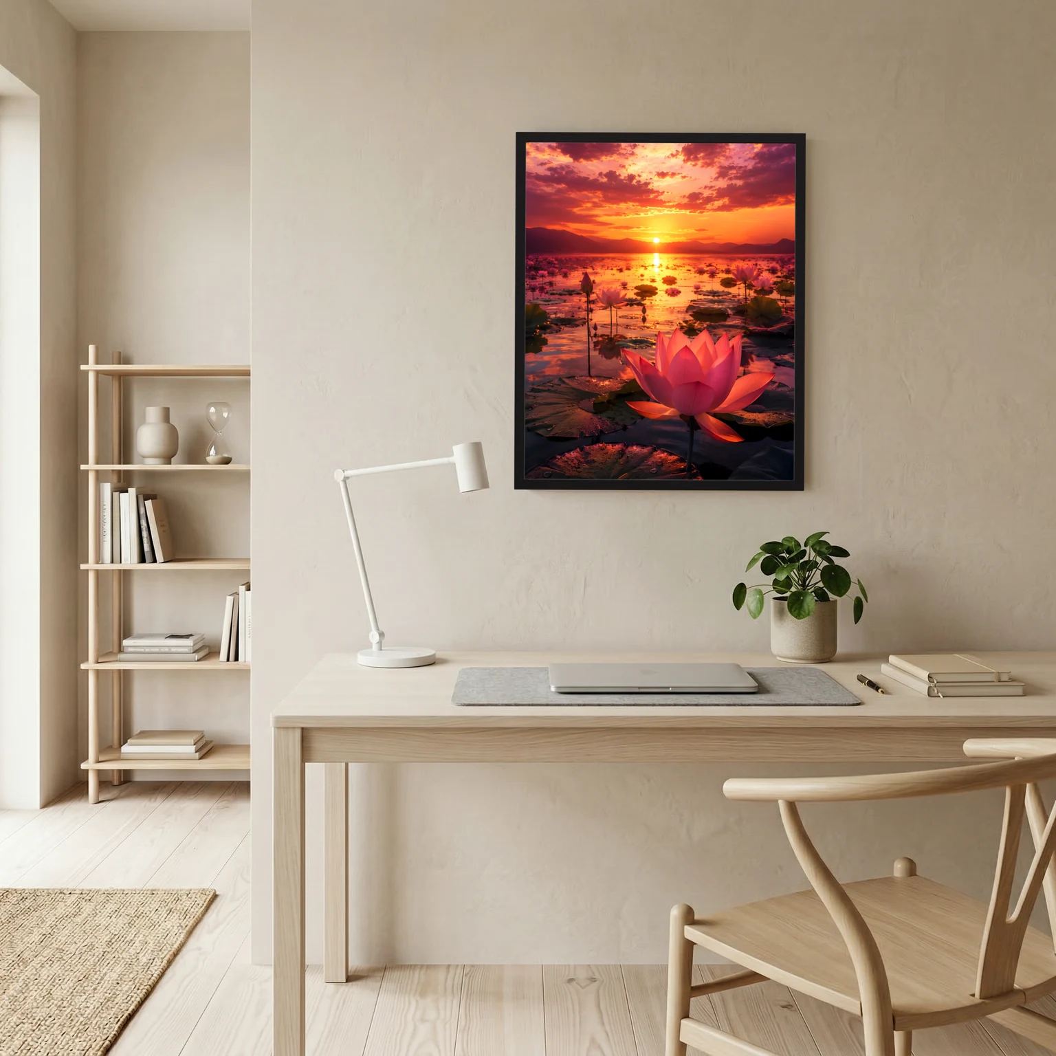 Schwarz gerahmte Wandkunst im Hochformat mit rosa Lotusblüte bei Sonnenuntergang