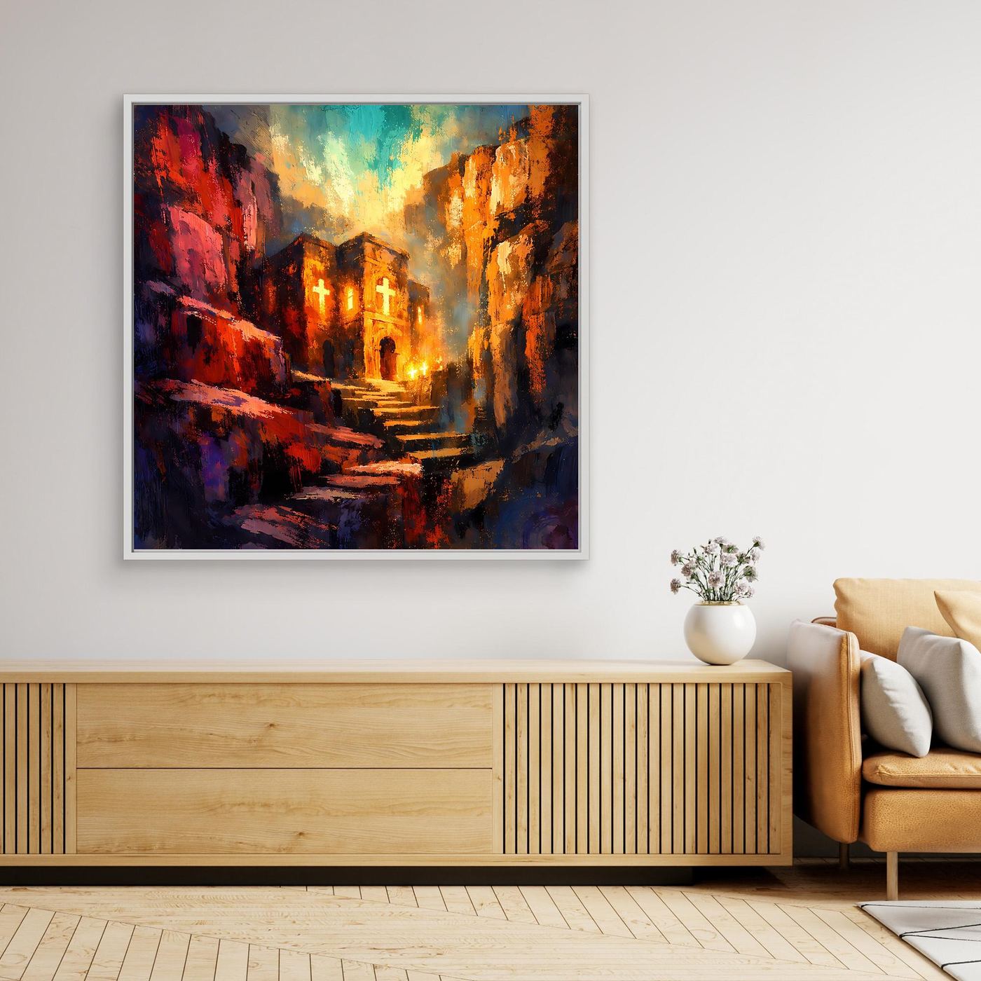 Wandbild auf Leinwand: Felsenkloster mit leuchtenden Kreuzen und Treppe im Abendlicht
