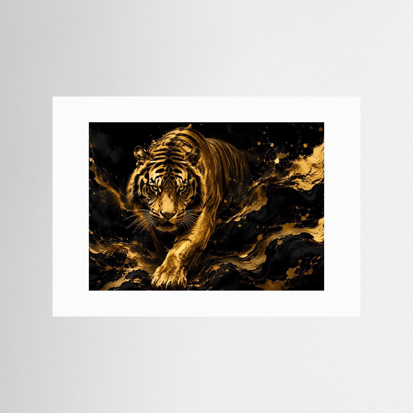 Poster mit goldfarbenem Tiger in Schwarz, Querformat, weißes Passepartout