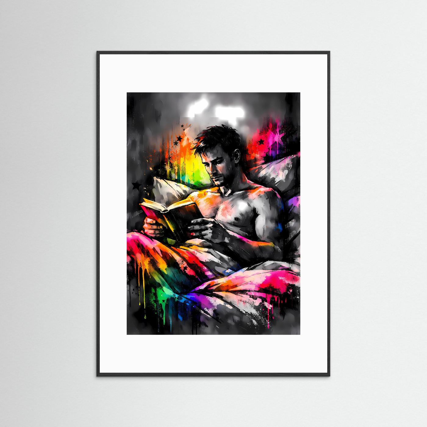 Die Kunst des Wissens | Abstraktes Lese-Poster mit männlicher Silhouette & Regenbogen-Farben | Modernes Pop-Art Kunstposter Hochformat