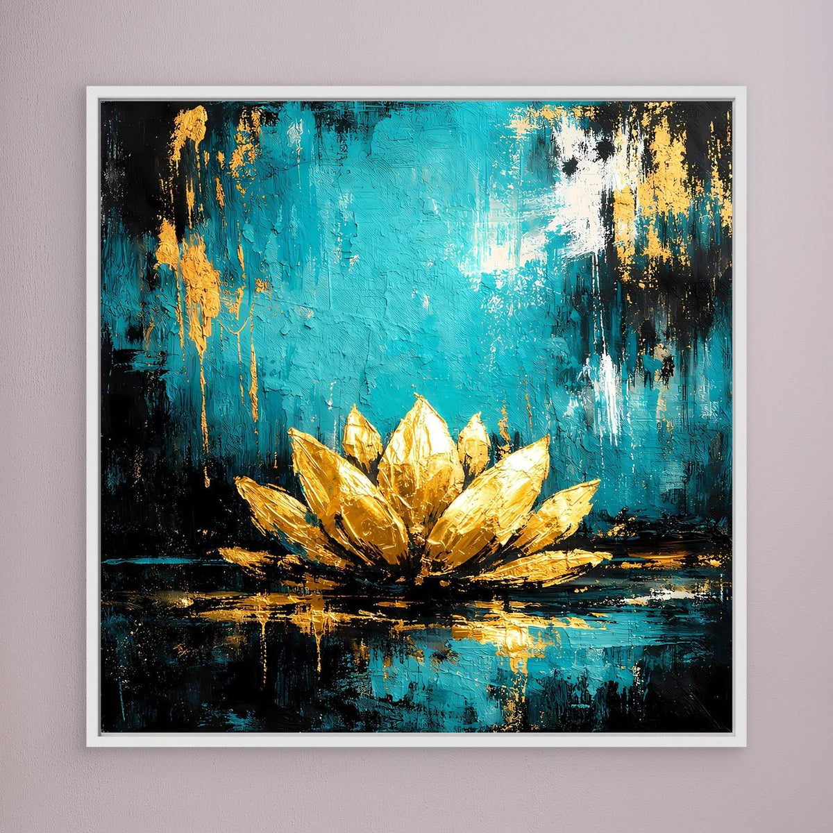 Leinwand-Wandbild mit abstrakter Lotusblüte in Türkis und Gold, weiß gerahmt