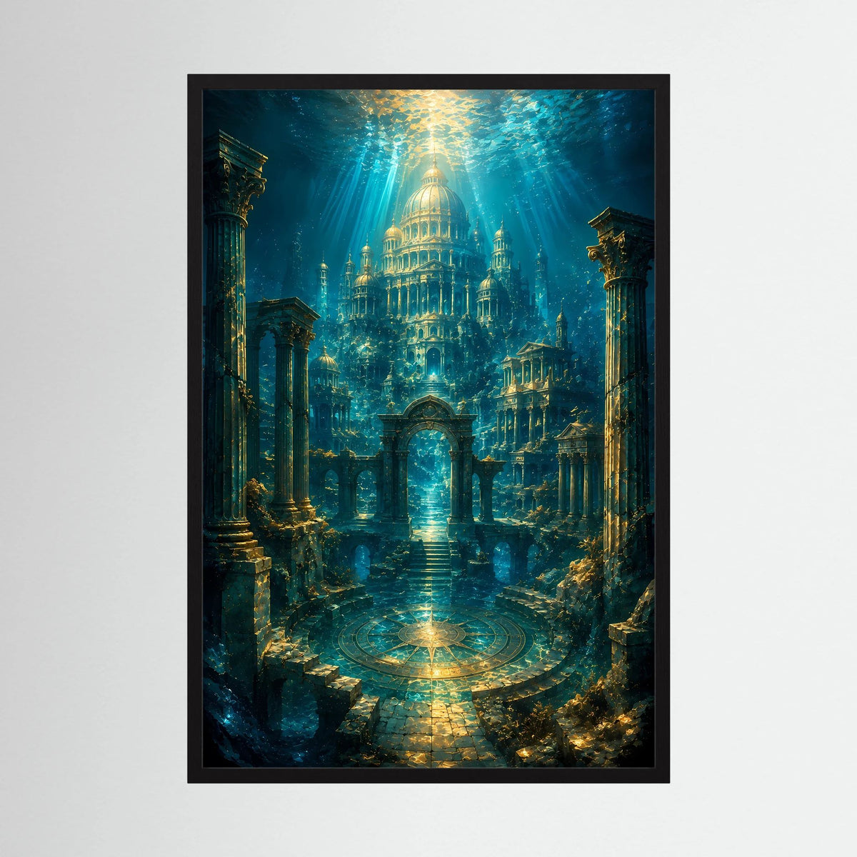 Unterwasser-Tempelposter im schwarzen Rahmen mit goldener Kuppel und türkisfarbenem Licht