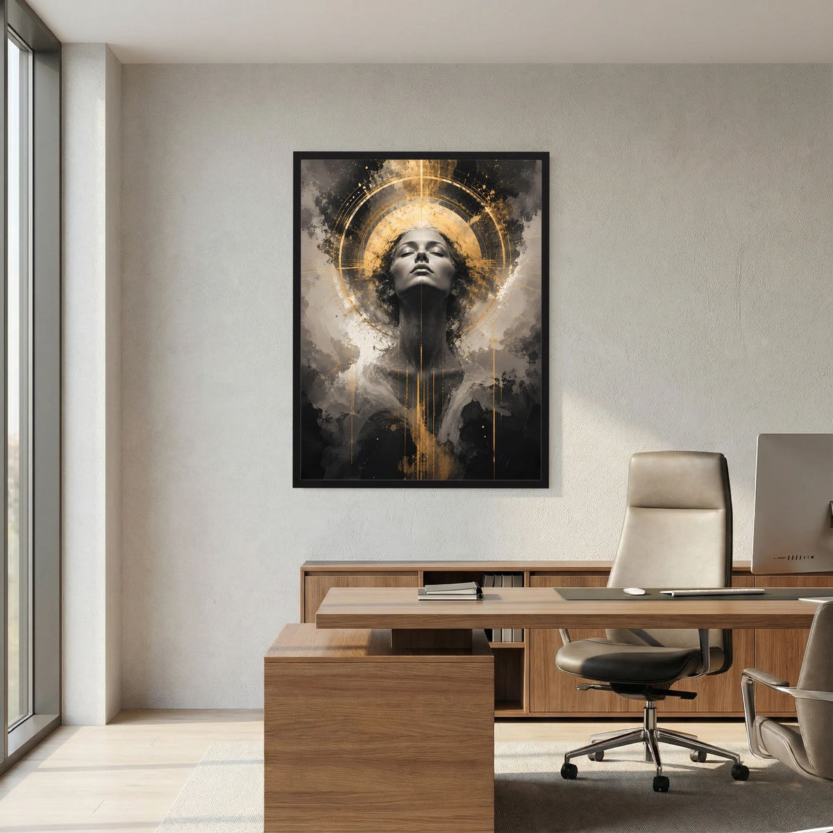 Hochformatiges Poster: abstraktes Frauenporträt in Schwarz und Gold mit goldenem Kreis, schwarzer Rahmen