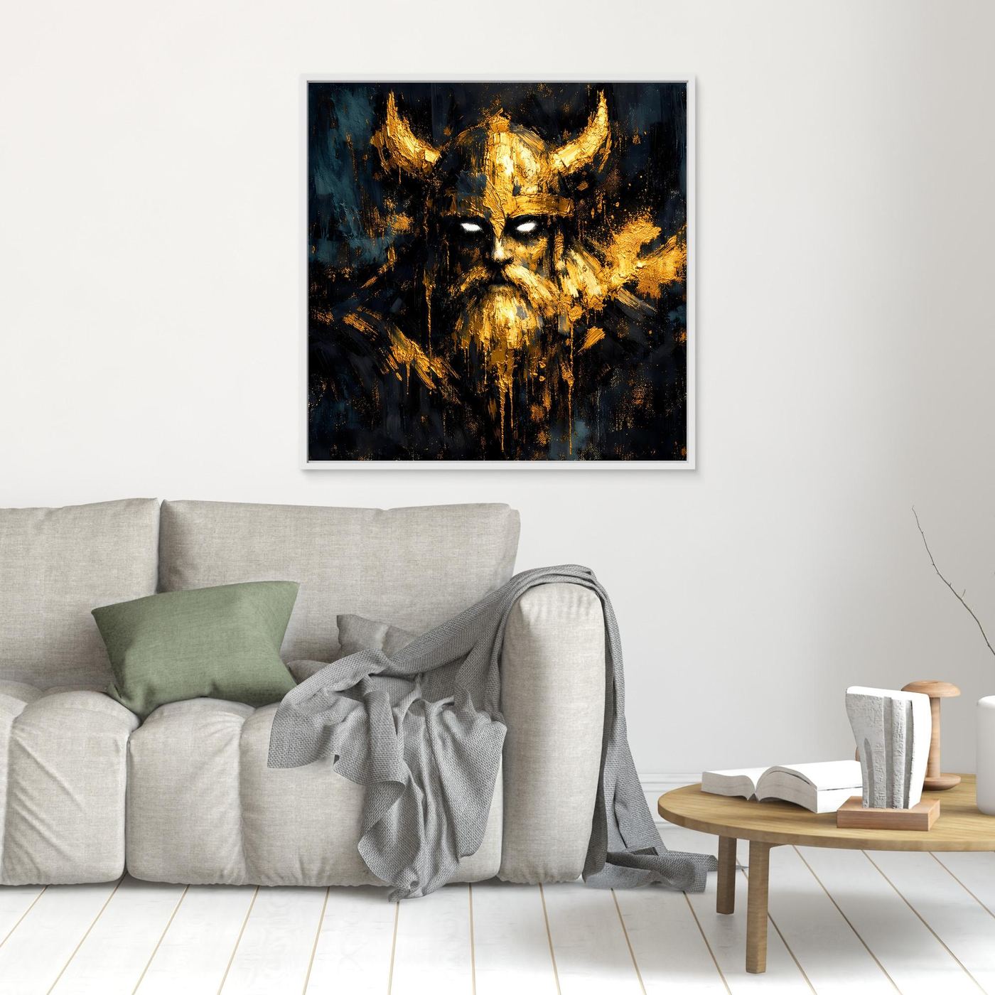 Leinwand Mystischer Wikinger in Gold und Schwarz | Modernes Abstraktes Krieger Wandbild