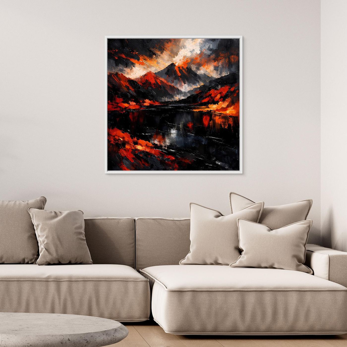 Wandbild Leinwand mit hellem Rahmen: abstrakte Vulkanlandschaft in Rot-, Schwarz- und Grautönen