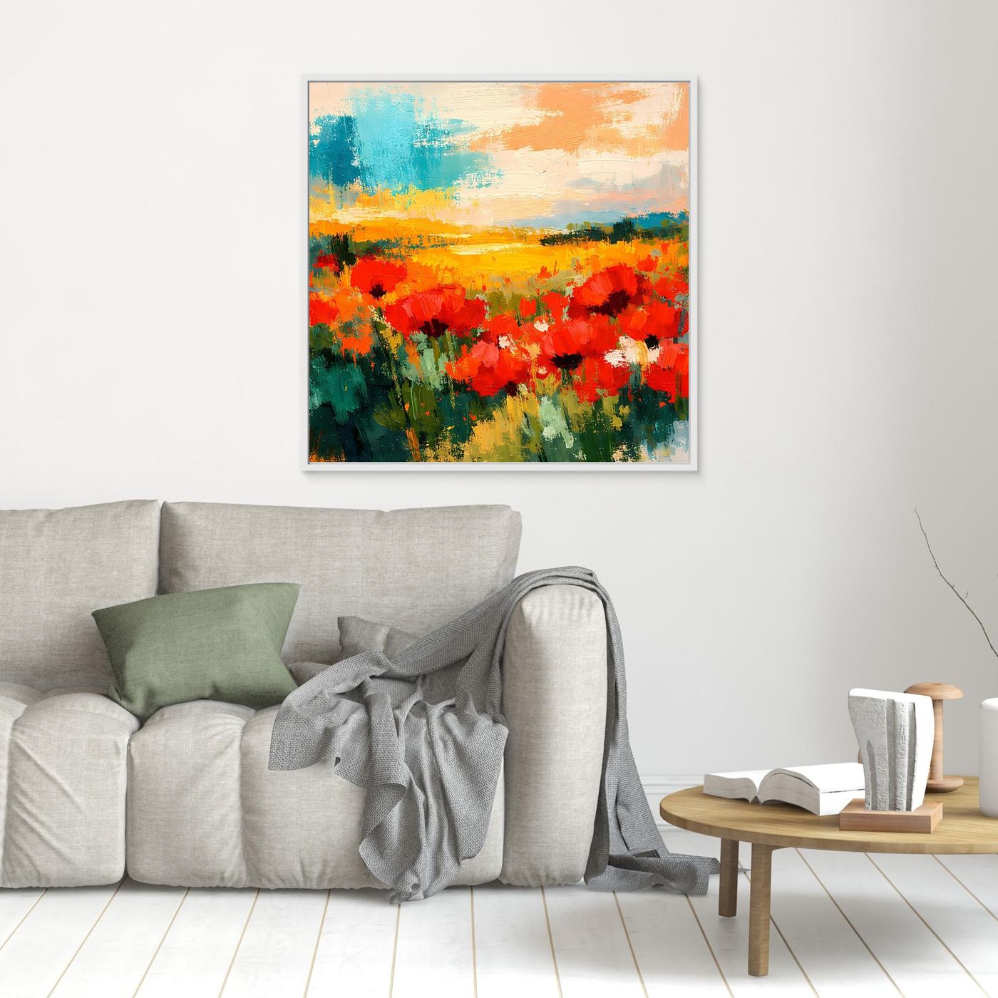 Abstract poppy field wall art, red blossoms and orange horizon, white frame