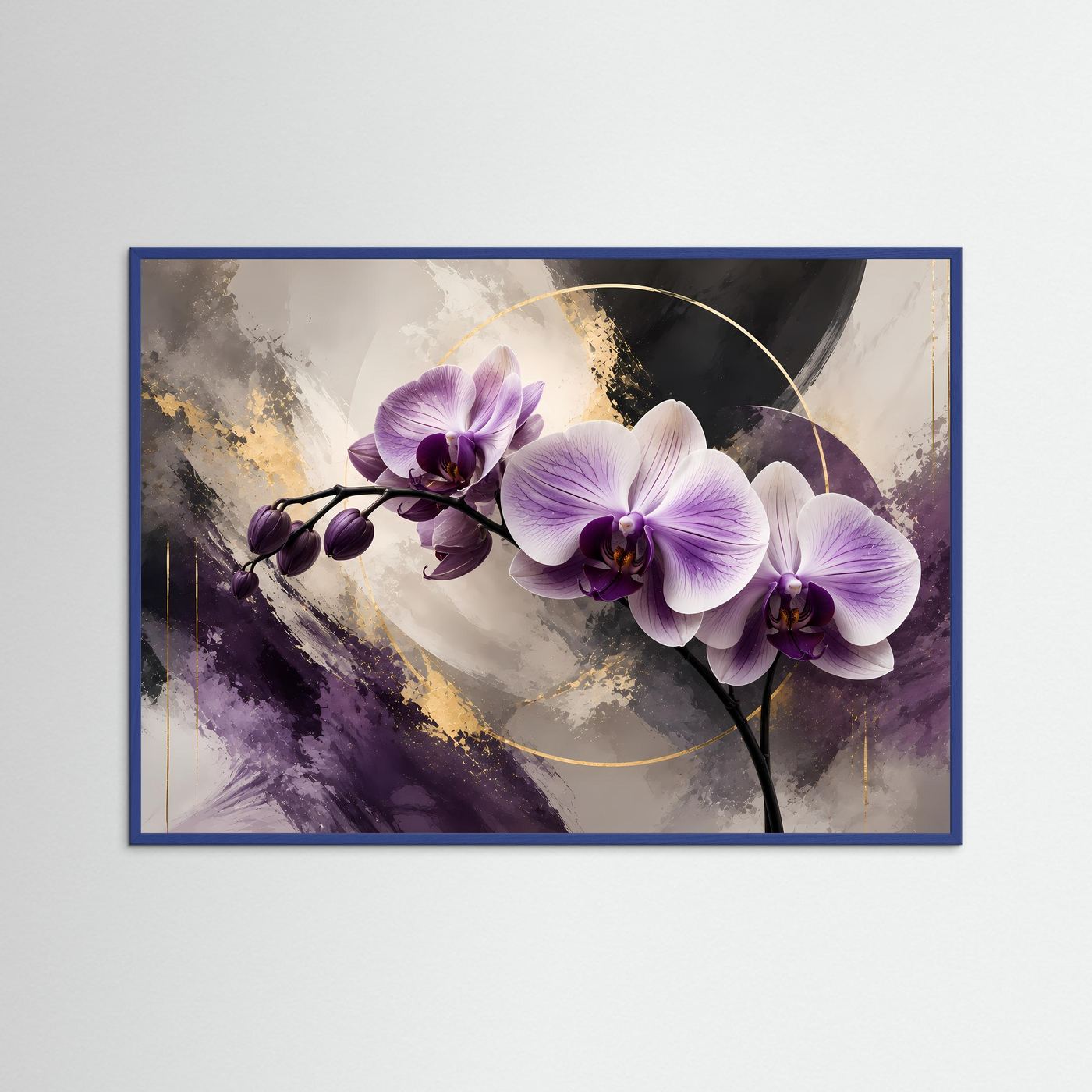 Elegante Orchideen in Violett & Gold | Abstrakte Blumen & Natur Poster Querformat