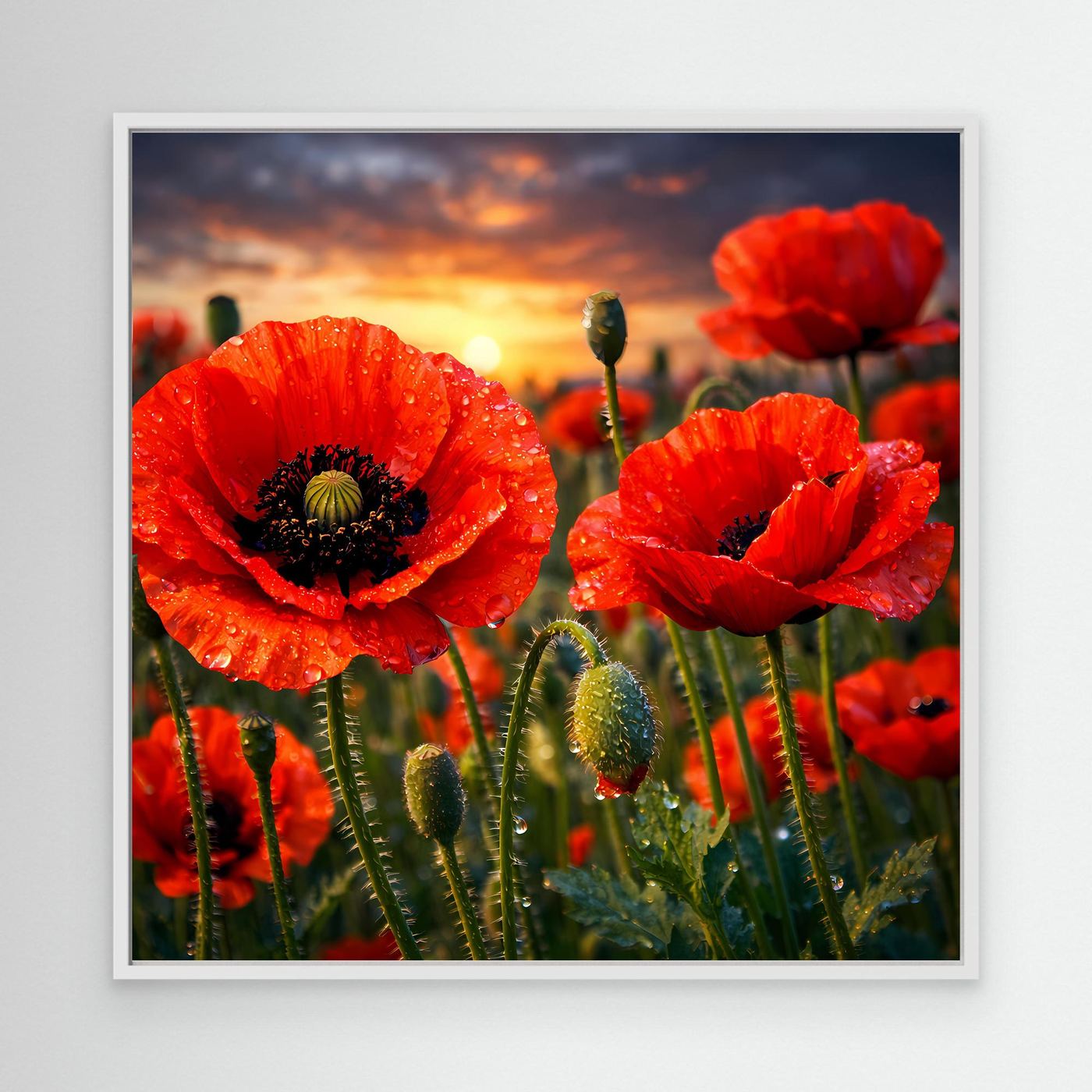 Leinwandbild mit roten Klatschmohnblüten im Sonnenuntergang, mit weißem Rahmen