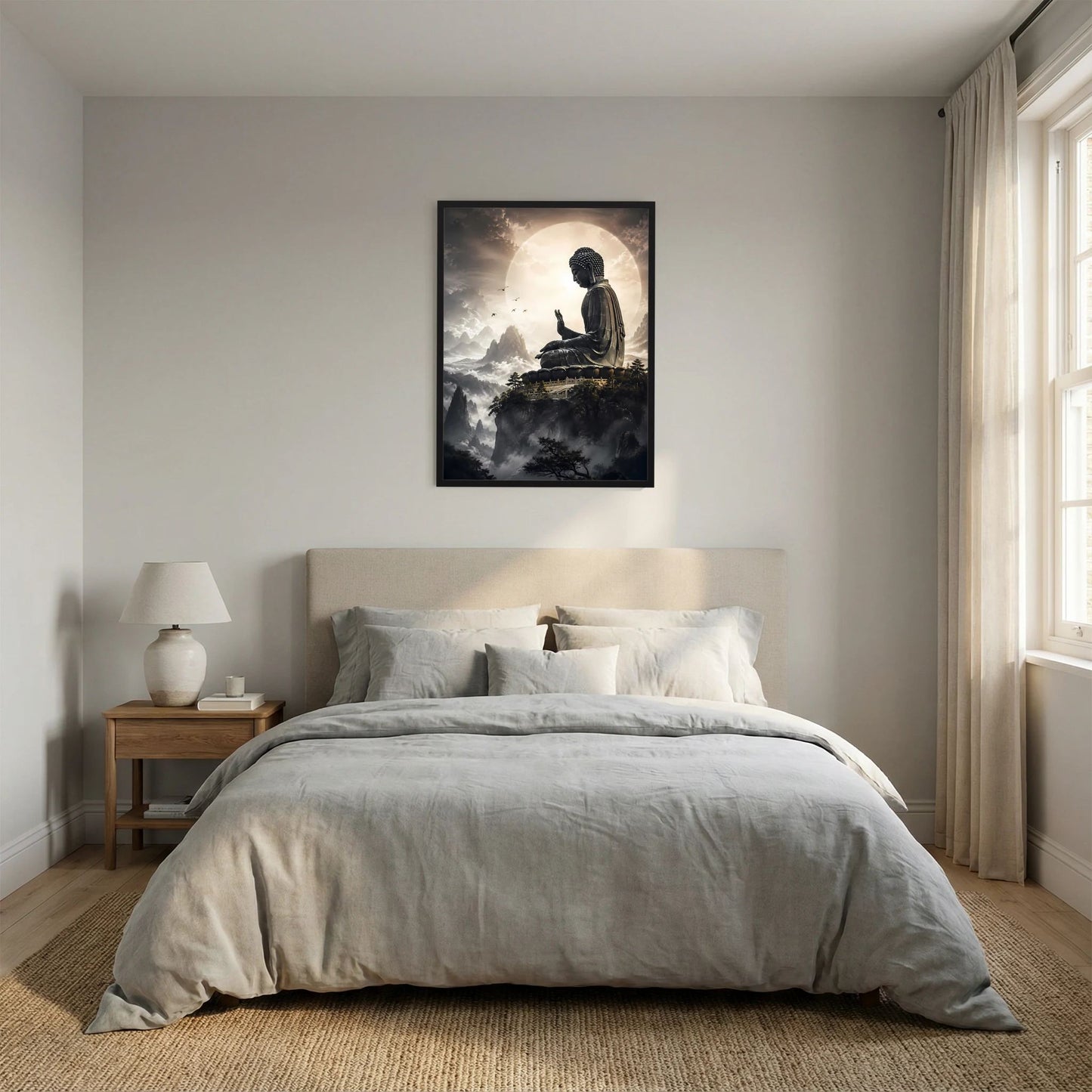 Poster mit sitzendem Buddha über Wolken, schwarz gerahmt, Hochformat