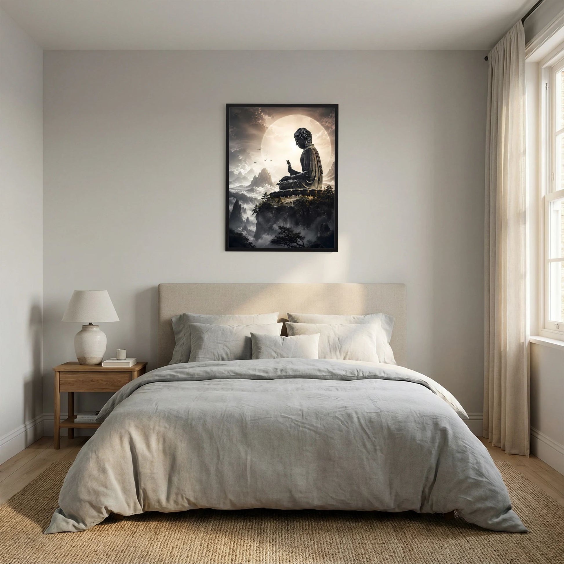 Poster mit sitzendem Buddha über Wolken, schwarz gerahmt, Hochformat