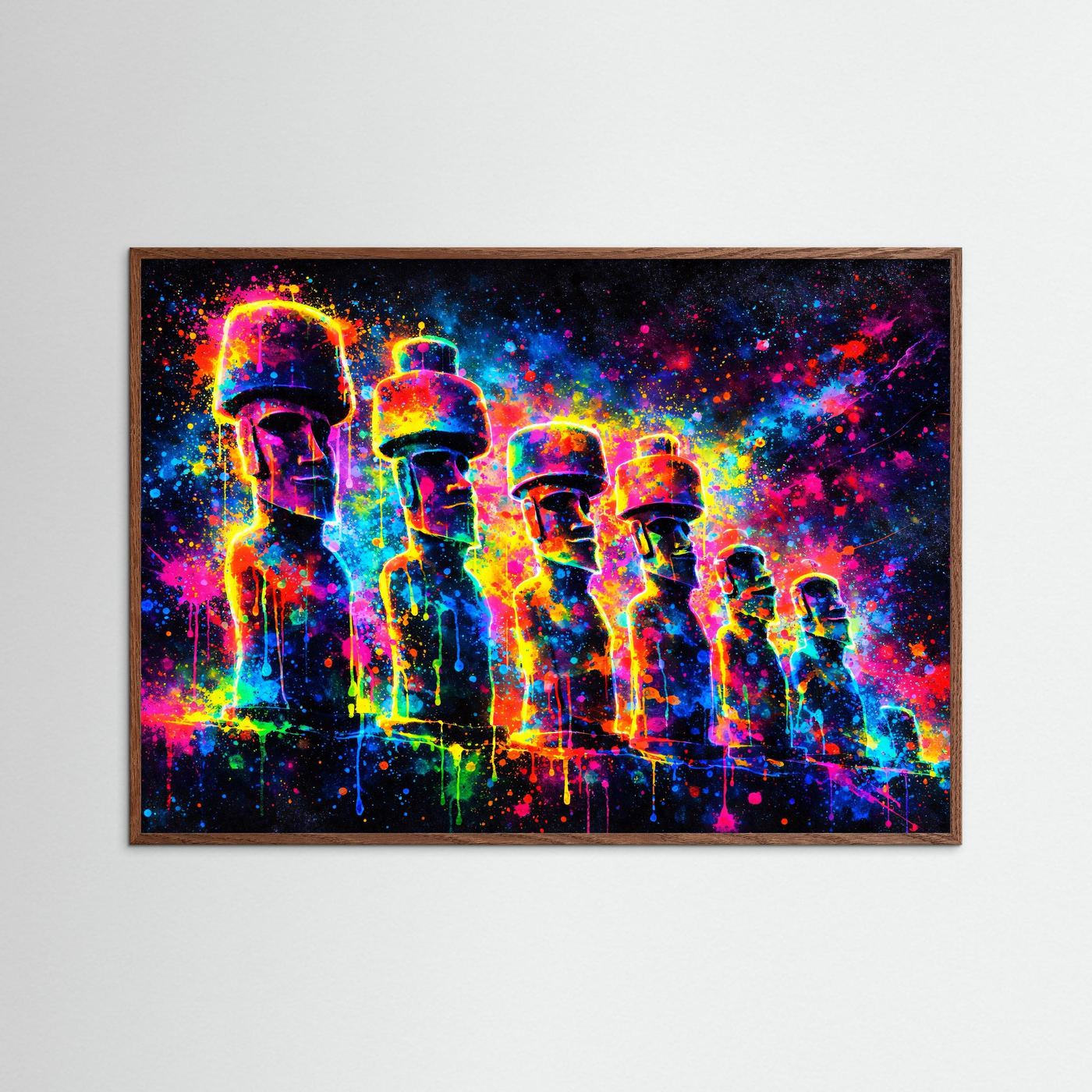Farbenfrohe Moai Statuen mit Kopfbedeckung | Neon Pop Art & Osterinsel Wandbild Querformat