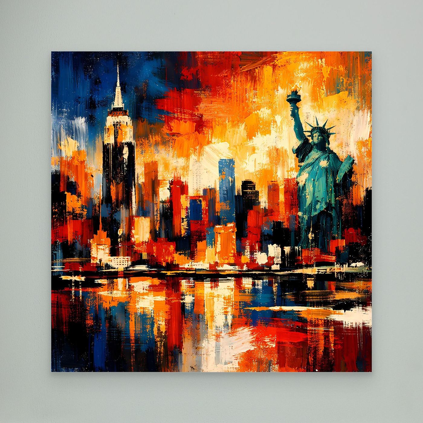 Leinwandbild abstrakte Skyline mit Freiheitsstatue und Wasserreflexion, rot-blau-gelb