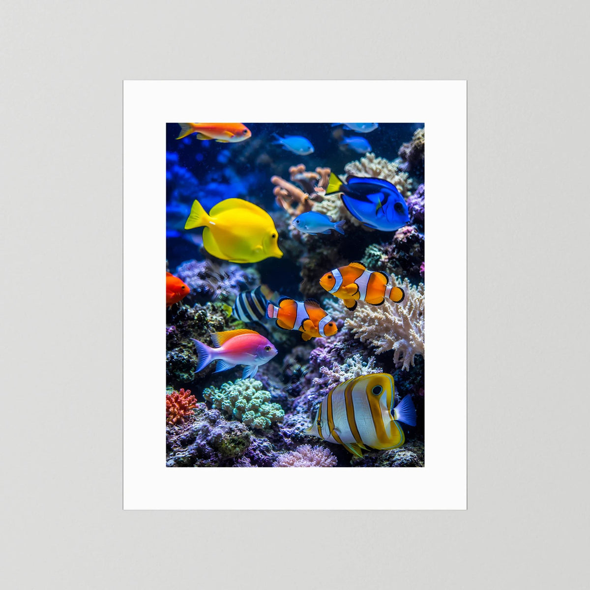 Hochformat-Poster mit bunten Tropenfischen und Korallenriff mit weißer Umrandung
