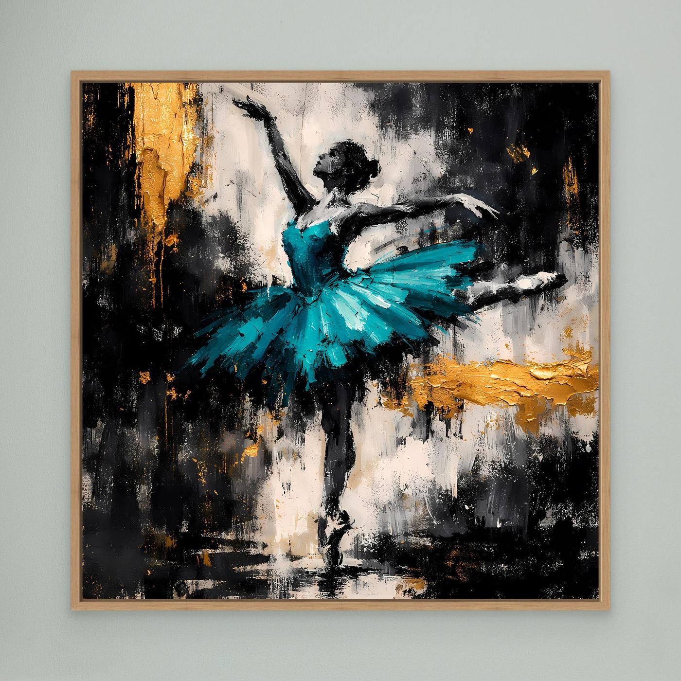 Leinwand Abstrakte Ballerina in Türkis und Gold | Modernes Ballett Wandbild mit Tanz-Motiv