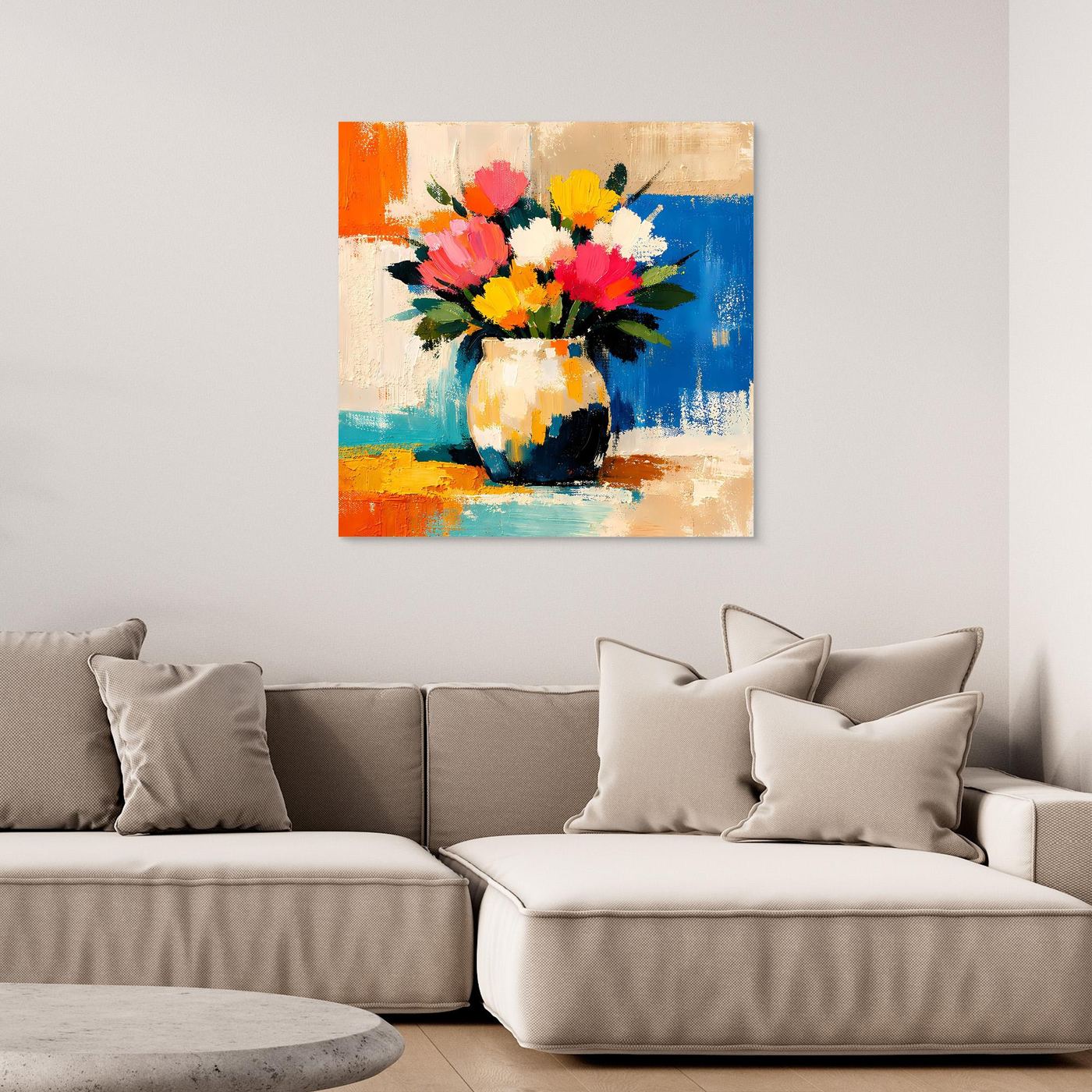 Wall art canvas of a colorful bouquet of flowers in a white vase