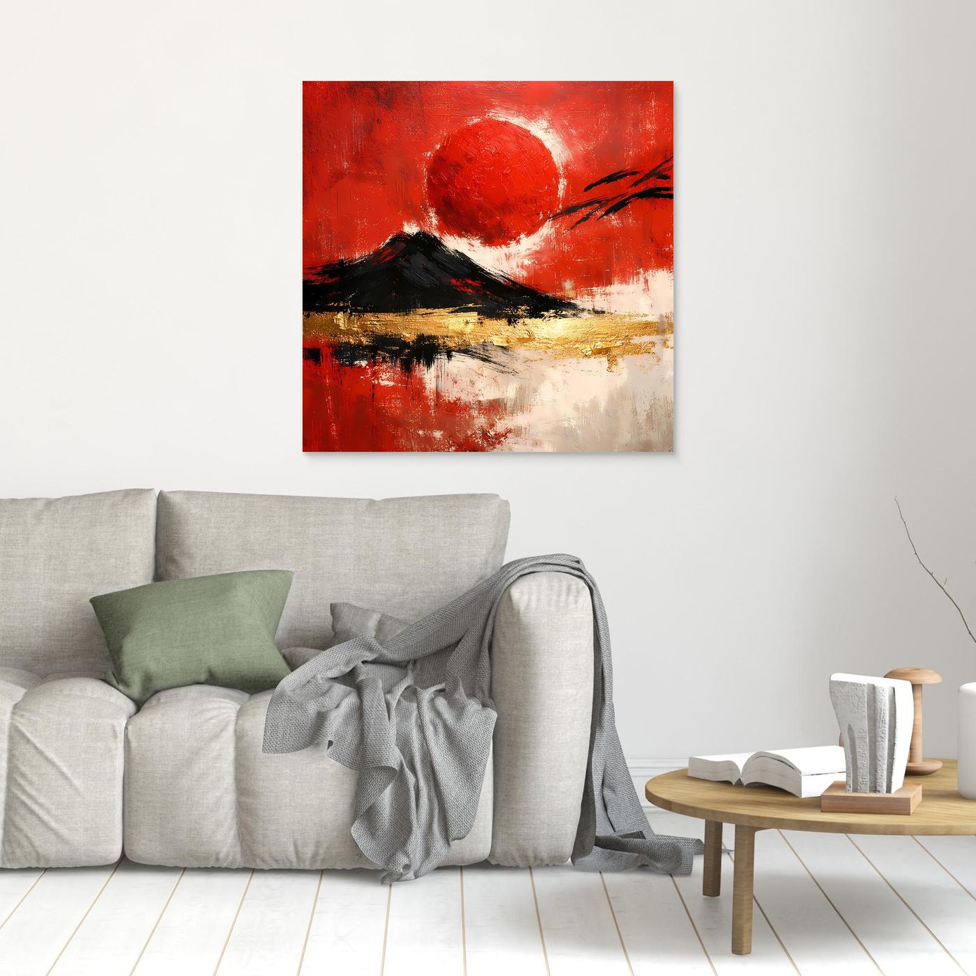 Leinwand Abstraktes Japan Wandbild in Rot und Gold | Modernes Fuji & Rote Sonne Gemälde