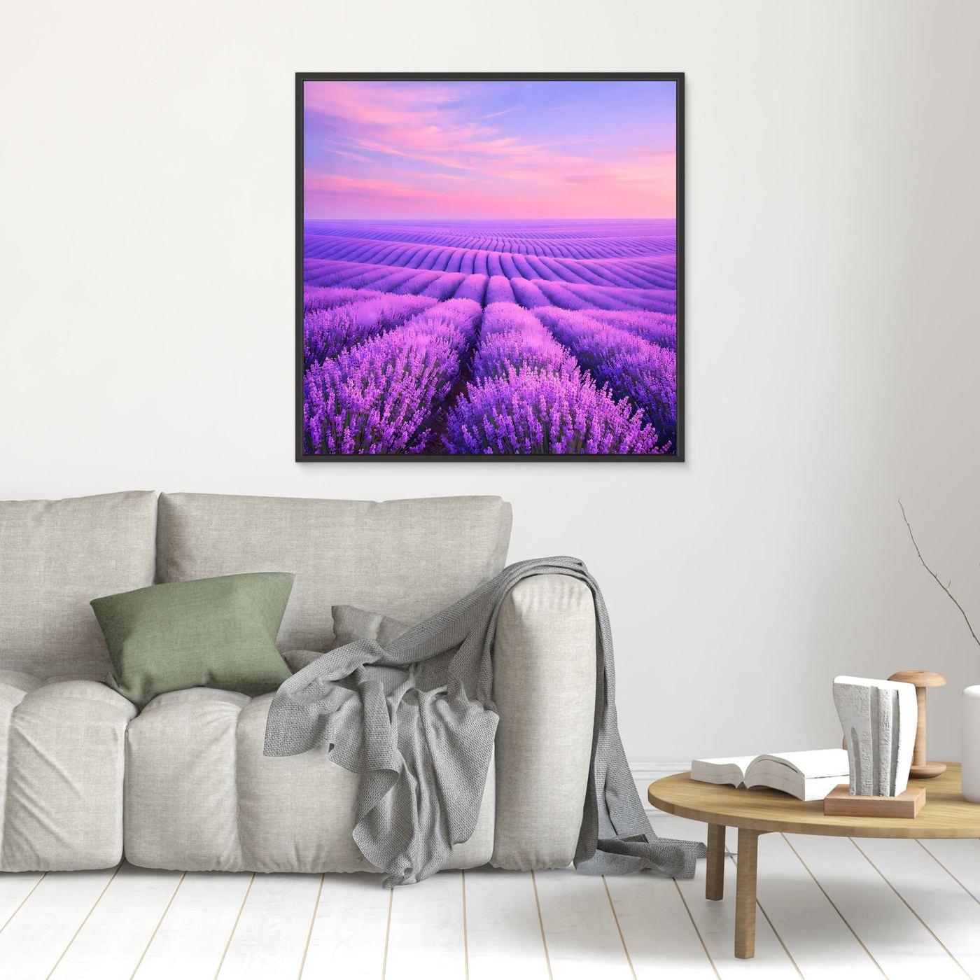 Kleines Leinwandbild Lavendelfeld mit rosa Himmel, schwarzer Rahmen