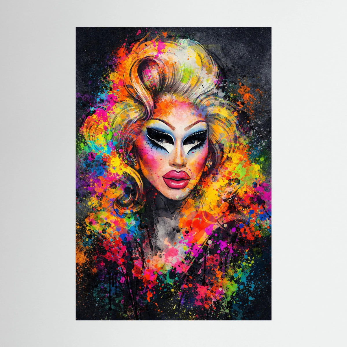 Hochformatiges Poster mit abstraktem Drag-Queen-Porträt, bunte Farbexplosion.
