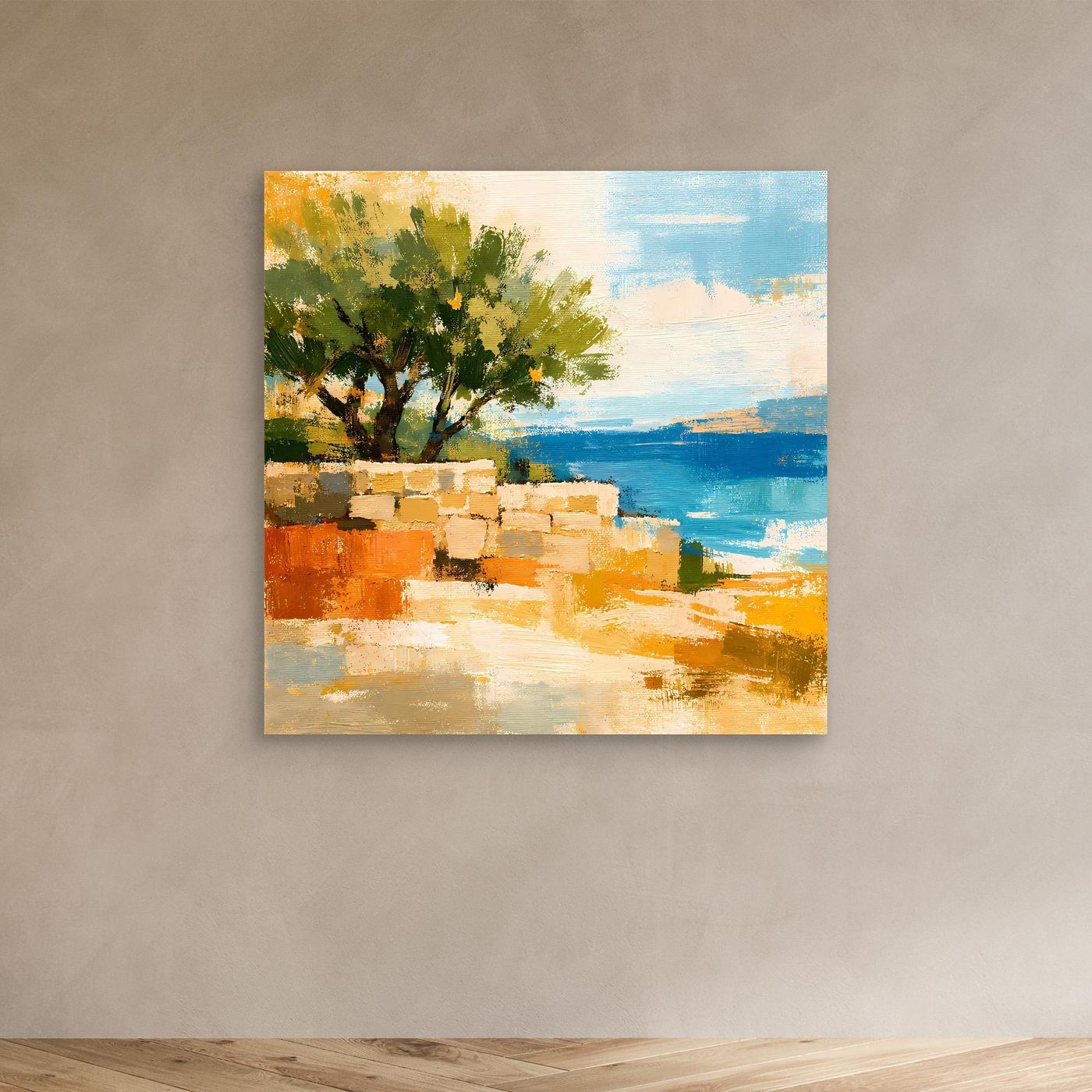 Leinwand Olivenbaum an der Mittelmeerküste | Abstraktes Natur Strand Wandbild