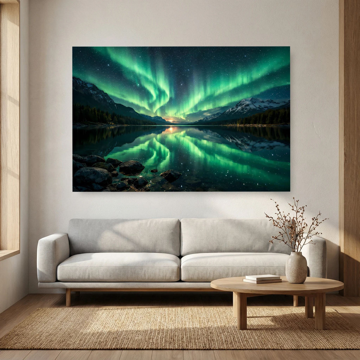 Wandposter im Querformat mit grünen Polarlichtern, Bergen und Seeufer im Nachtmotiv