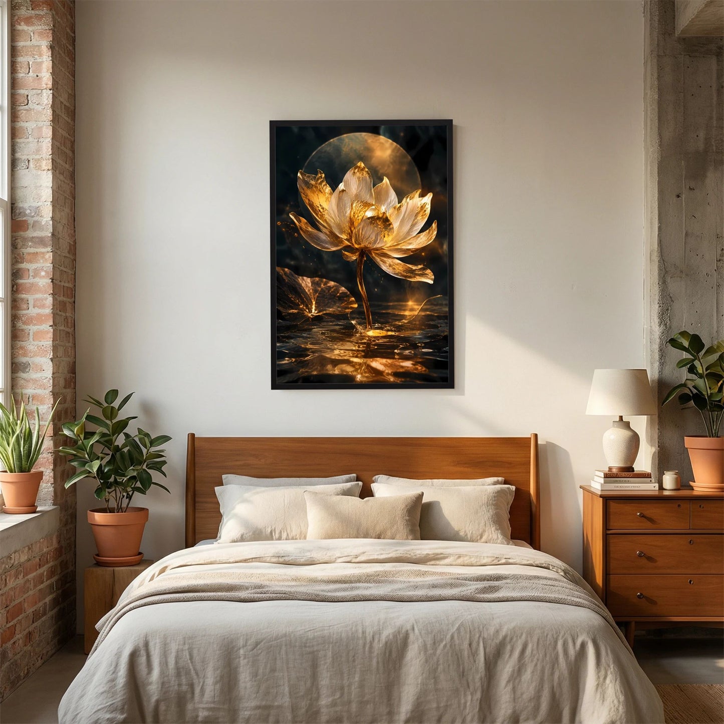 Wandposter mit goldener Lotusblüte im Hochformat, schwarzer Rahmen, ruhiges Schlafzimmer-Setup.