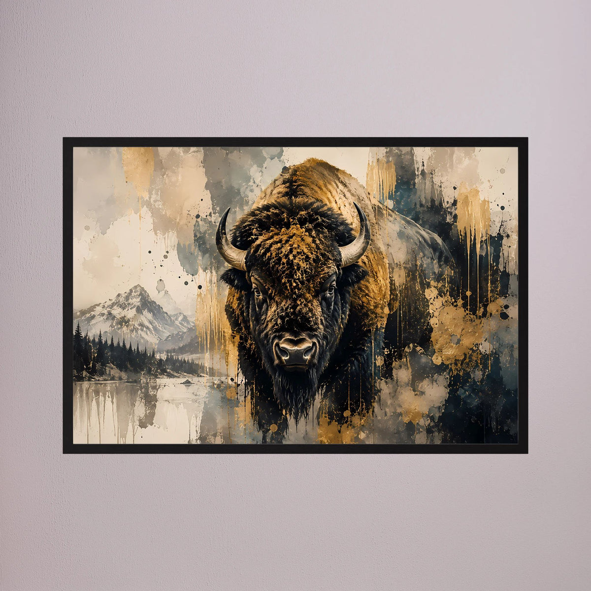 Poster im Querformat mit Büffelkopf in Schwarz und Gold, abstraktes Spritzbild, schwarzer Rand