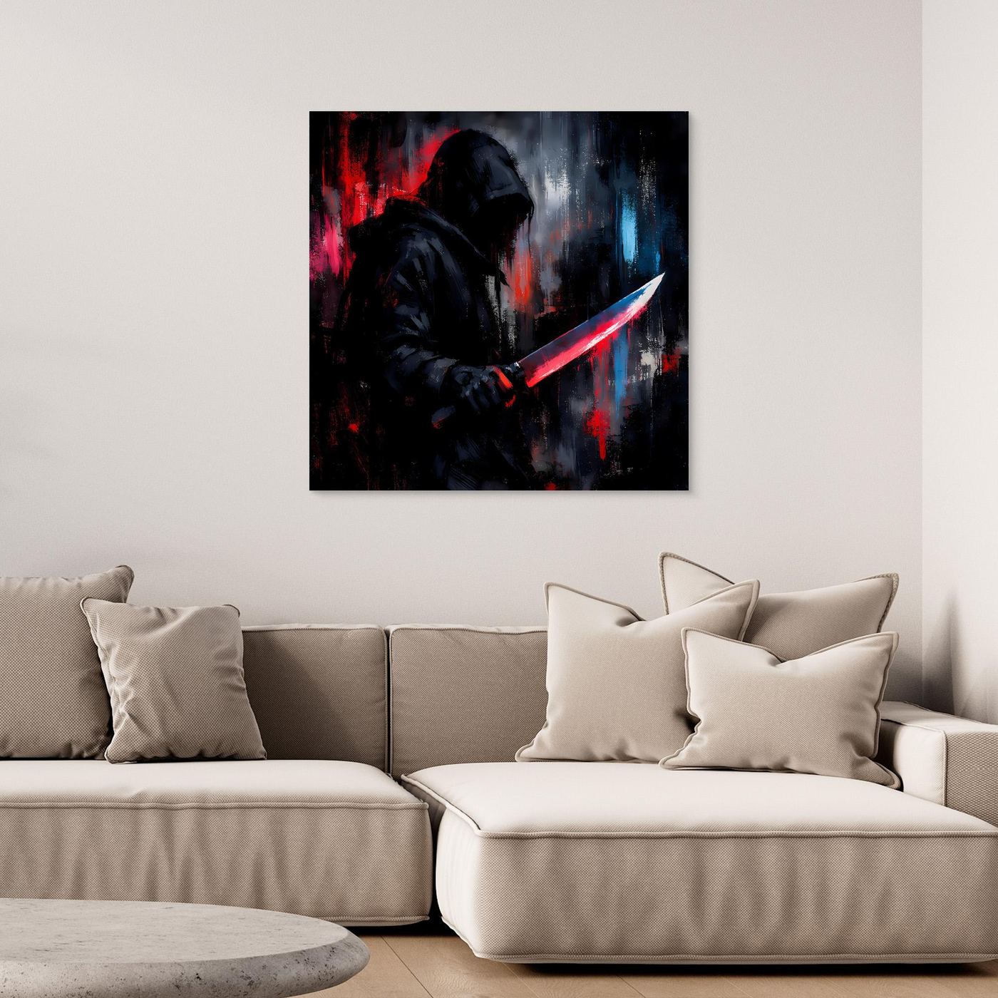 Gerahmtes Leinwand-Wandbild mit dunklem Schattenkrieger und leuchtendem Schwert in Blau/Rot