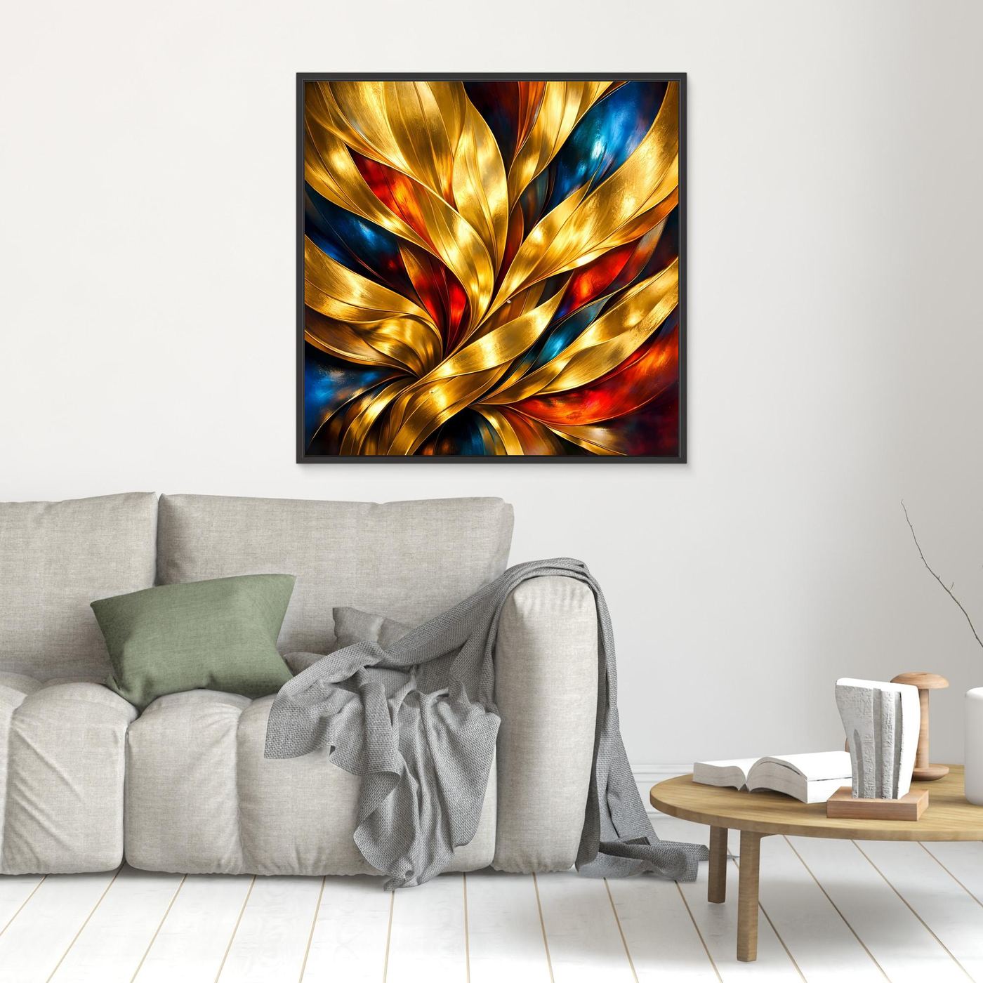 Kleines Leinwandbild mit abstrakten Goldwellen, blau und rot, schwarzer Rahmen