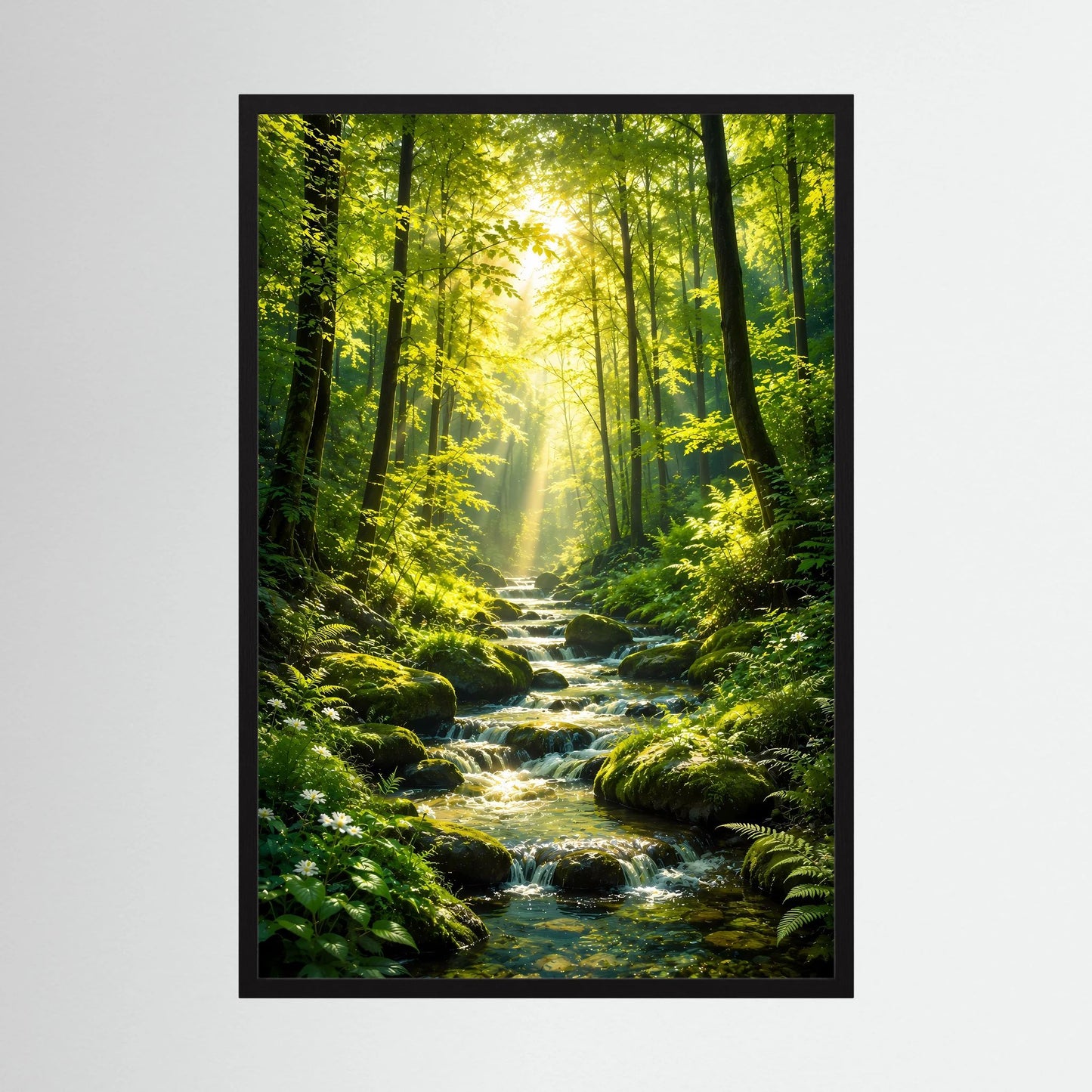 Hochformat-Poster mit Waldbach und Sonnenstrahlen, im schwarzen Rahmen