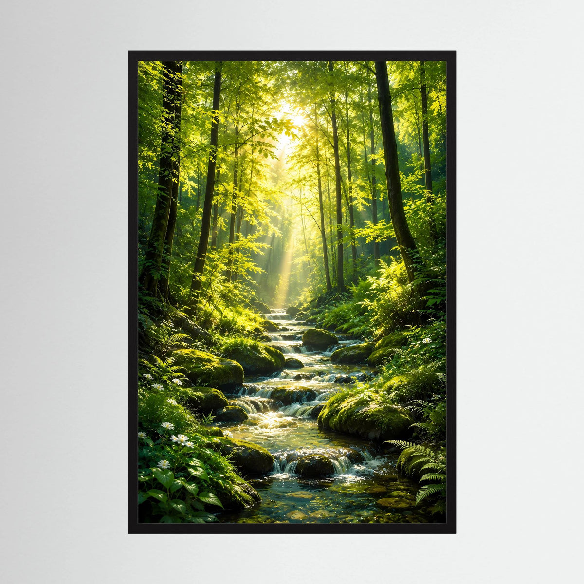 Hochformat-Poster mit Waldbach und Sonnenstrahlen, im schwarzen Rahmen