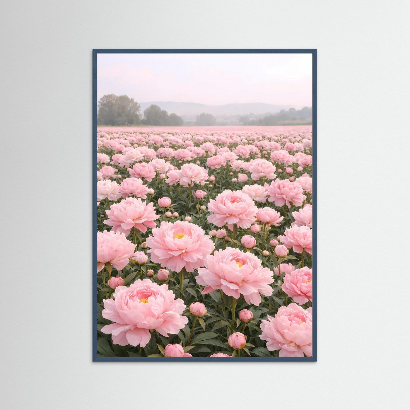 Poster Pfingstrosenfeld im Morgendunst | Rosa Blumenwiese Wandbild