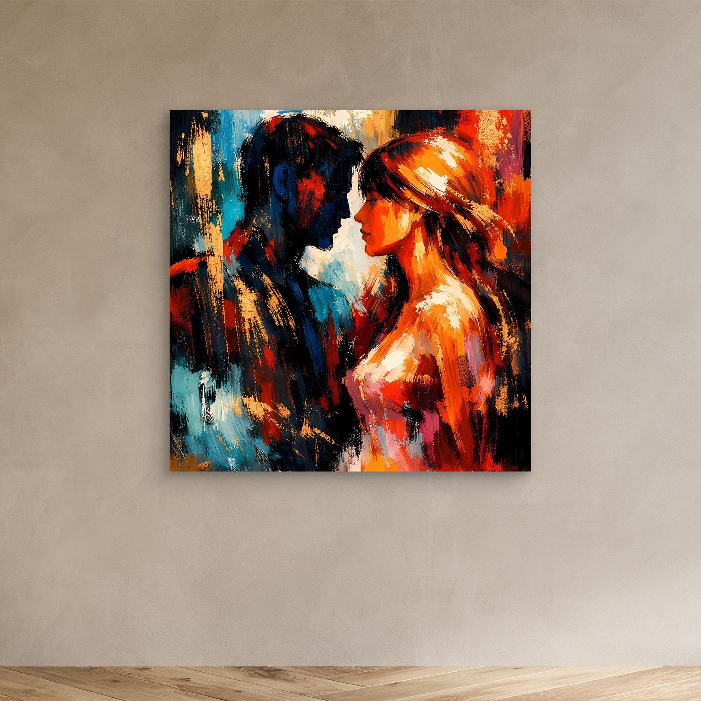 Abstraktes Leinwandbild: Liebespaar, bunte Pinselstriche, ohne Rahmen an der Wand