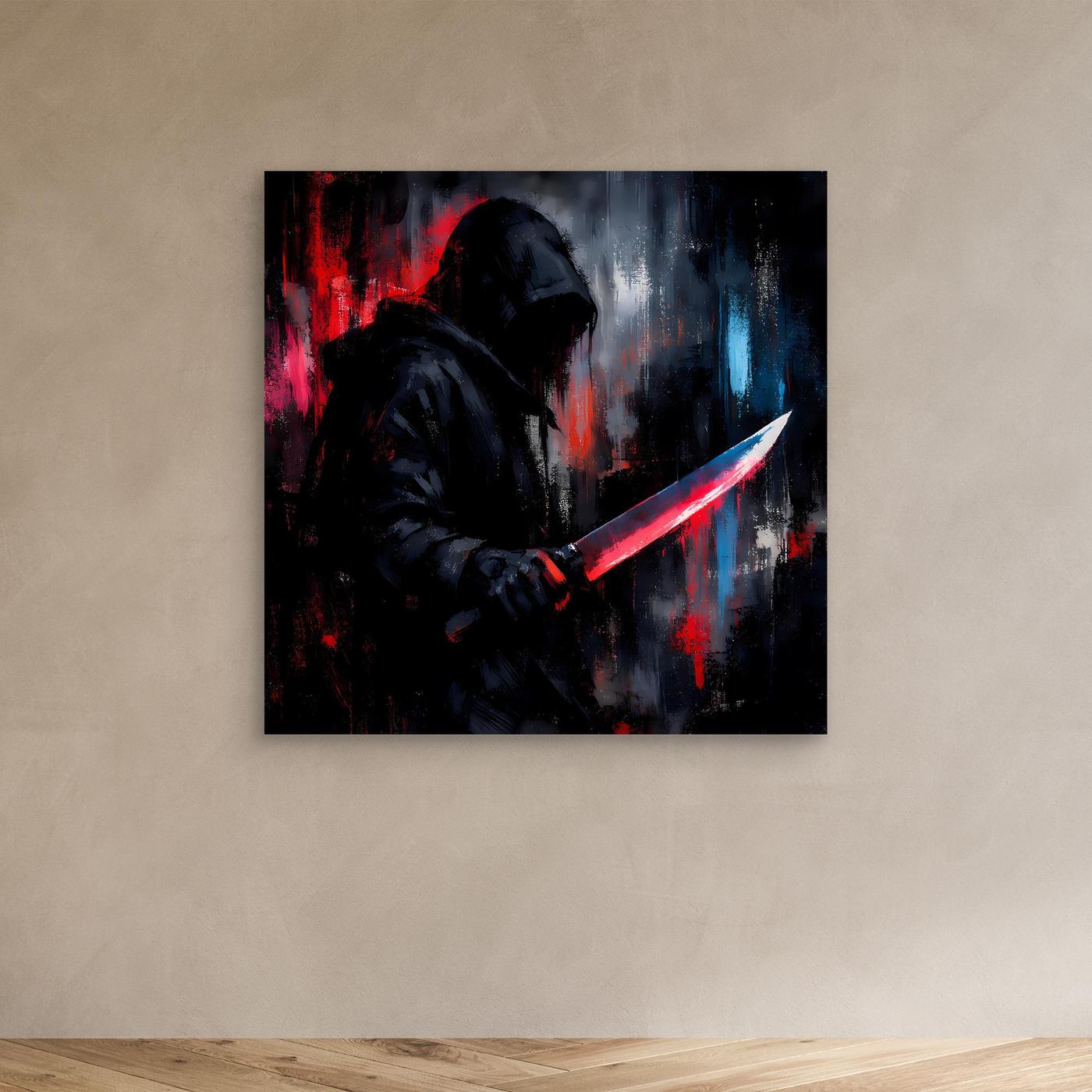 Leinwandkunst: Kapuzenträger mit rotem Lichtschwert; abstrakte Cyberpunk-Neon-Farbstreifen.