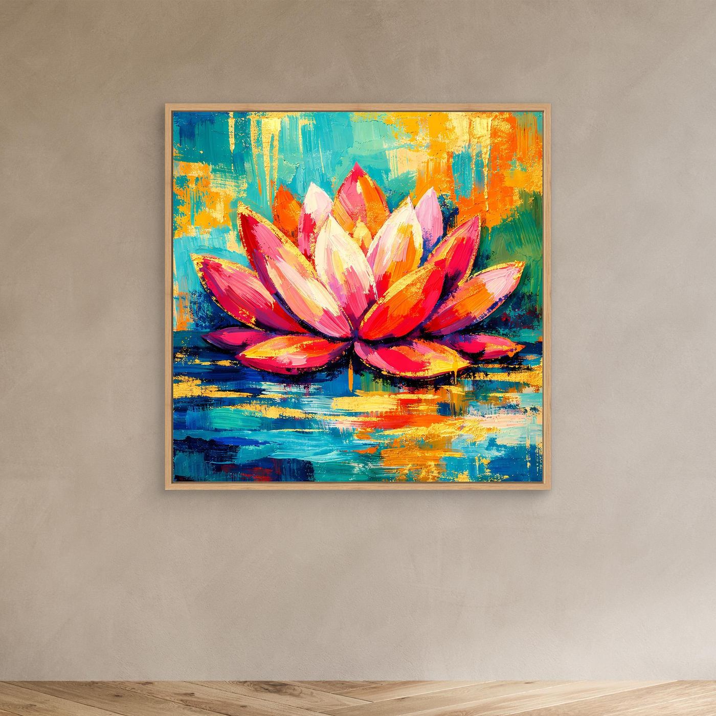 Abstraktes Lotus-Wandbild im hellem Eichenrahmen, bunte Blütenblätter auf türkis-gelbem Grund
