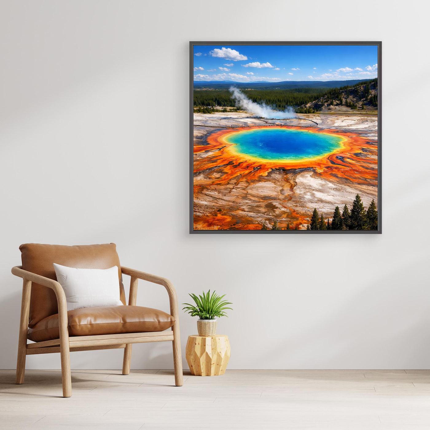 Leinwandbild mit Prismatic-Spring-Motiv im dunklen Rahmen, blau-türkis Quelle über Sessel