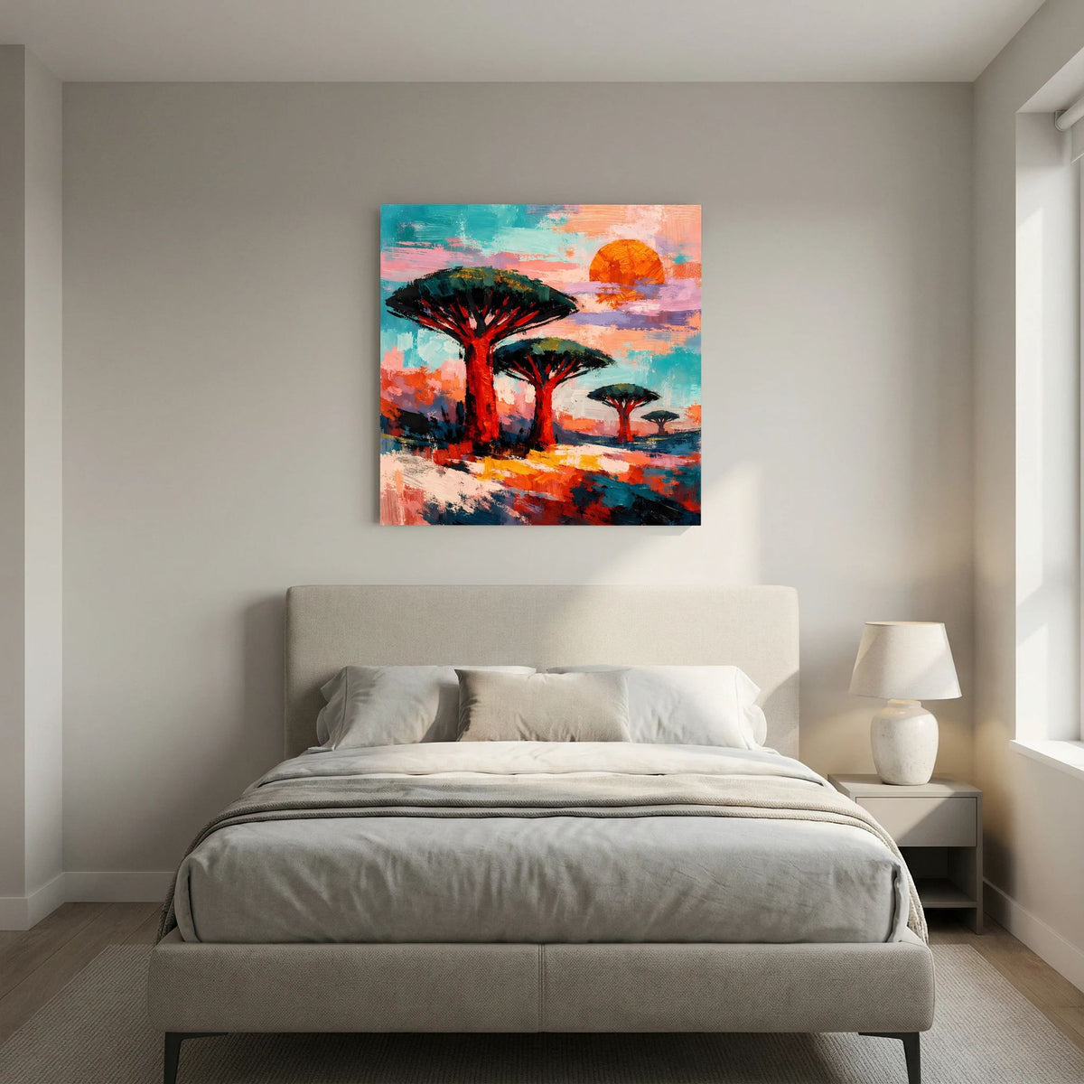 Wandbild über dem Bett: abstrakte Akazienbäume mit orangefarbener Sonne und türkis-orangen Farbfeldern